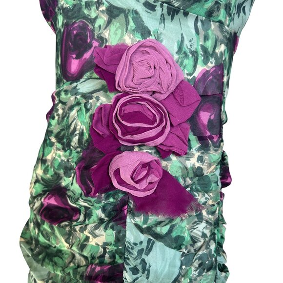 Nanette Lepore Silk Green & Purple Floral Print Sleeveless Dress with Ruching 4 - Picture 6 of 10